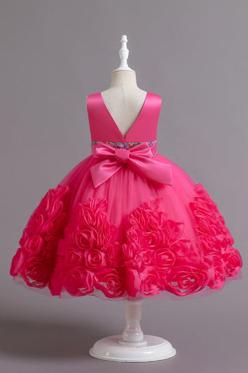 Fuchsia A Line Sequin Flower Girls' Party Dress avec nœud